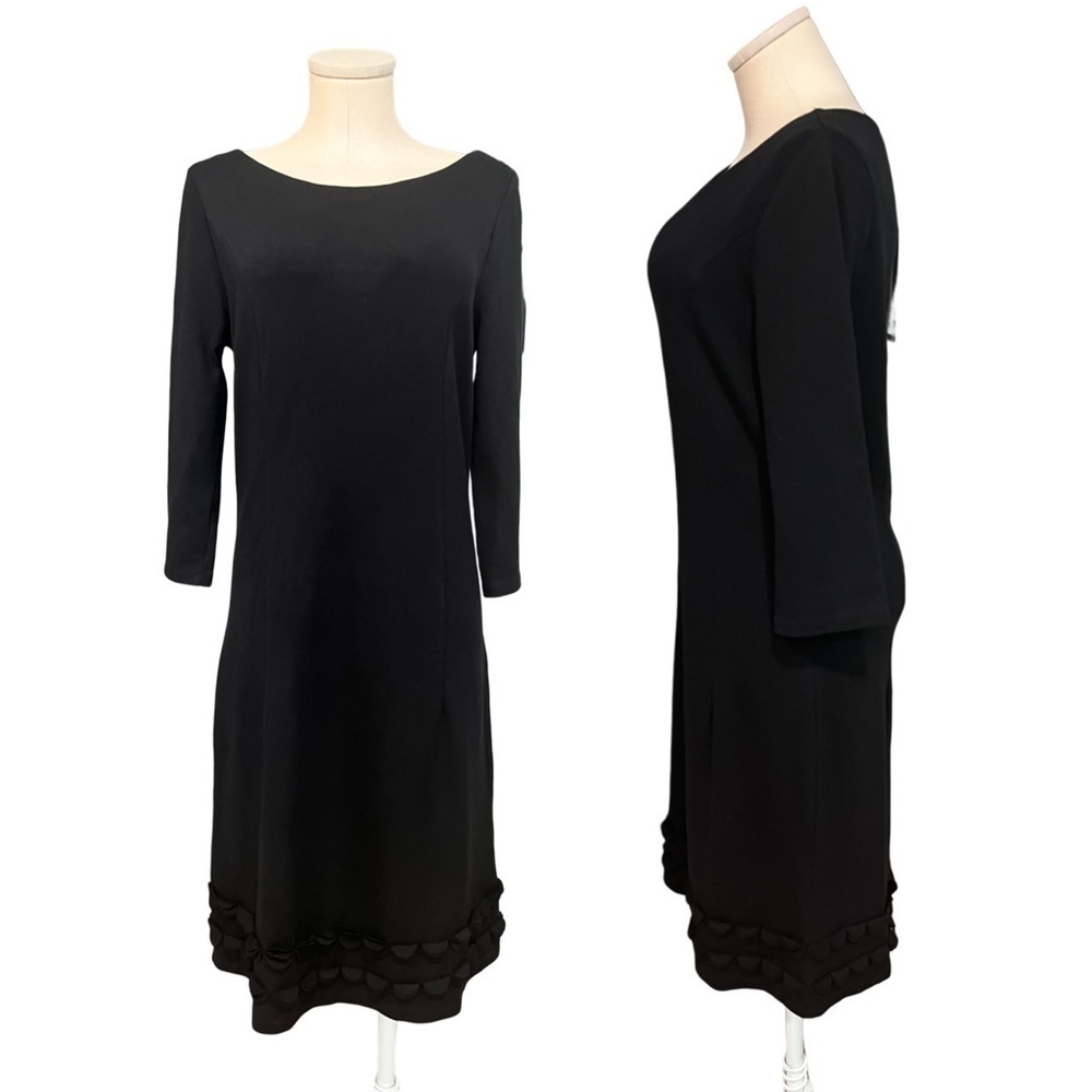 BODEN black shift dress with circles appliqué in tows around the hemline